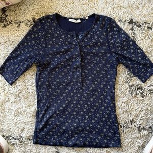DOEN ribbed Henley navy blue paisley floral button top size XS